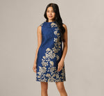 Textured Floral Jacquard Roll Collar Shift Dress In Navy Sage 2