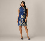 Textured Floral Jacquard Roll Collar Shift Dress In Navy Sage 6