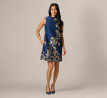 Textured Floral Jacquard Roll Collar Shift Dress In Navy Sage 1