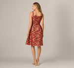 Textured Metallic Floral Jacquard Fit And Flare Dress In Red Gold 5