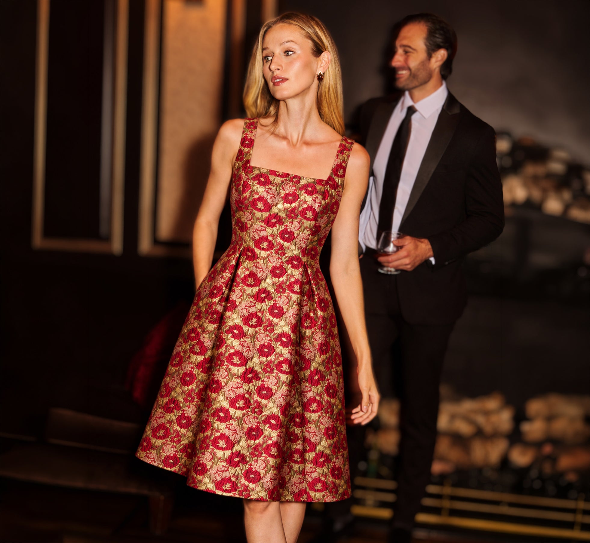 Textured Metallic Floral Jacquard Fit And Flare Dress In Red Gold 1