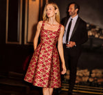 Textured Metallic Floral Jacquard Fit And Flare Dress In Red Gold 1