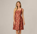 Textured Metallic Floral Jacquard Fit And Flare Dress In Red Gold 2