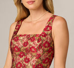 Textured Metallic Floral Jacquard Fit And Flare Dress In Red Gold 3