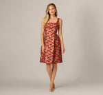 Textured Metallic Floral Jacquard Fit And Flare Dress In Red Gold 6
