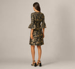 Bell Sleeve Floral Jacquard Beaded V Neck Dress In Black Gold 5