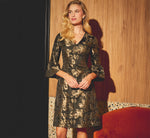 Bell Sleeve Floral Jacquard Beaded V Neck Dress In Black Gold 1