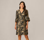 Bell Sleeve Floral Jacquard Beaded V Neck Dress In Black Gold 2