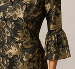 Bell Sleeve Floral Jacquard Beaded V Neck Dress In Black Gold 3