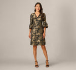 Bell Sleeve Floral Jacquard Beaded V Neck Dress In Black Gold 6