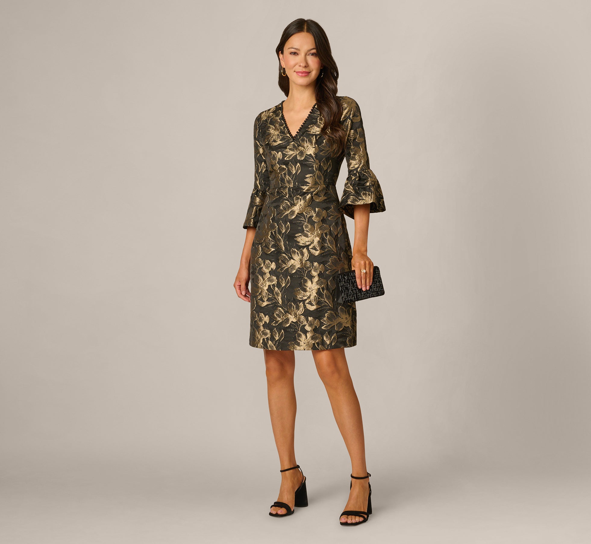 Bell Sleeve Floral Jacquard Beaded V Neck Dress In Black Gold 1
