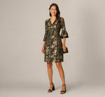 Bell Sleeve Floral Jacquard Beaded V Neck Dress In Black Gold 1