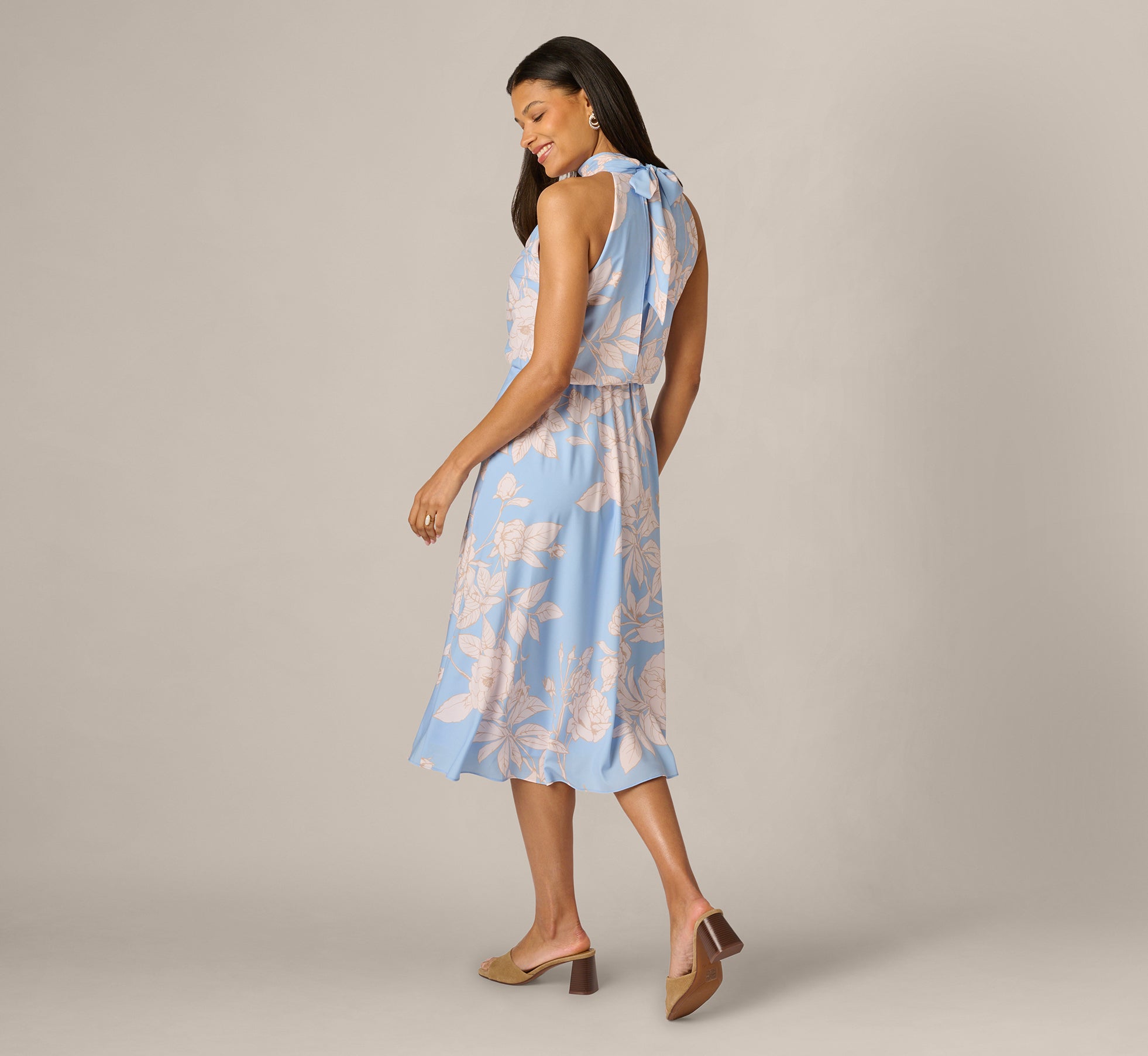 Floral Chiffon Blouson Halter Midi Dress In Blue Ivory, Blue/Ivory / Regular / 4