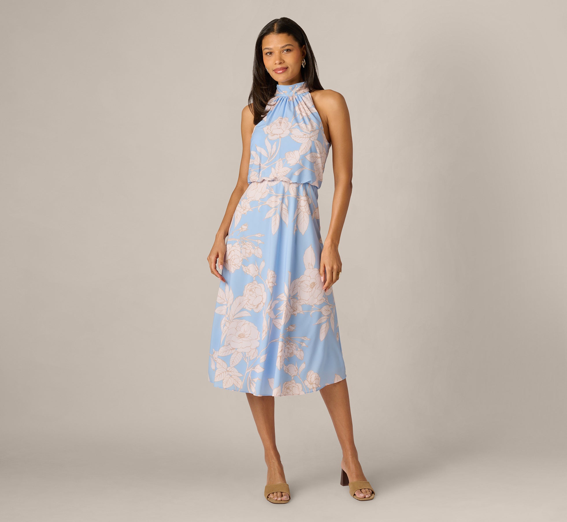 Floral Chiffon Blouson Halter Midi Dress In Blue Ivory, Blue/Ivory / Regular / 4 Floral Chiffon Blouson Halter Midi Dress In Blue Ivory, Blue/Ivory / Regular / 4