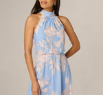 Floral Chiffon Blouson Halter Midi Dress In Blue Ivory 3
