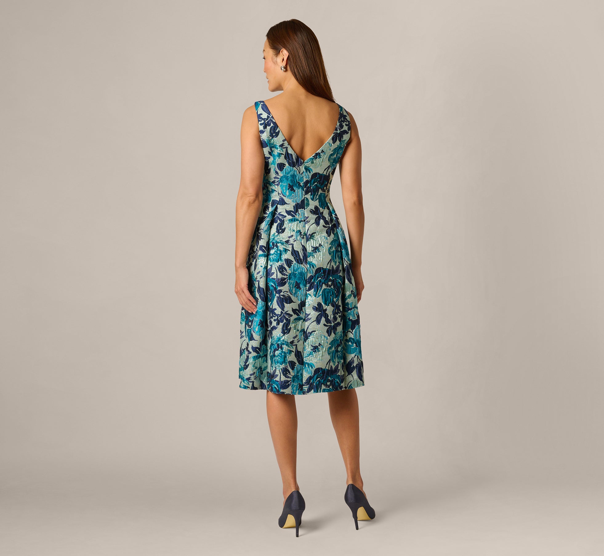 Blue Multi Metallic Floral Jacquard Boat Neck Fit And Flare
