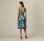 Metallic Floral Jacquard Boat Neck Fit And Flare In Blue Multi 5