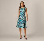 Metallic Floral Jacquard Boat Neck Fit And Flare In Blue Multi 2