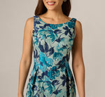 Metallic Floral Jacquard Boat Neck Fit And Flare In Blue Multi 3