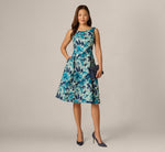 Metallic Floral Jacquard Boat Neck Fit And Flare In Blue Multi 1