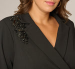 Plus Size Long Sleeve Beaded Short Blazer Wrap Dress In Black 4