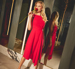 Asymmetrical Brooch Draped Midi Dress In Red 1