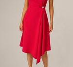 Asymmetrical Brooch Draped Midi Dress In Red 3
