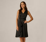 Satin V Neck Knot Waist Draped Dress In Black 2