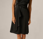 Satin V Neck Knot Waist Draped Dress In Black 4