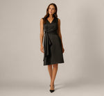 Satin V Neck Knot Waist Draped Dress In Black 1