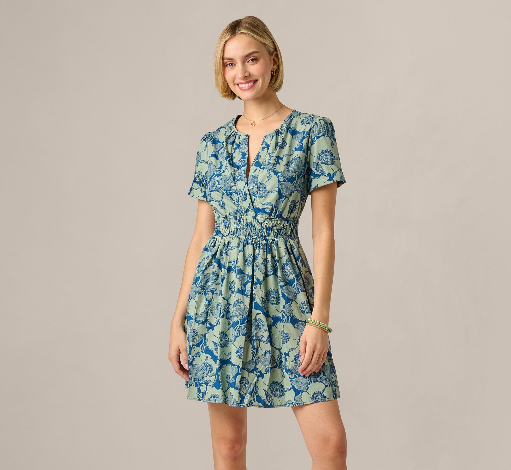 Navy Short Sleeve Printed Cotton Sophia Dress