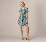Short Sleeve Printed Cotton Sophia Dress In Navy Sage 6