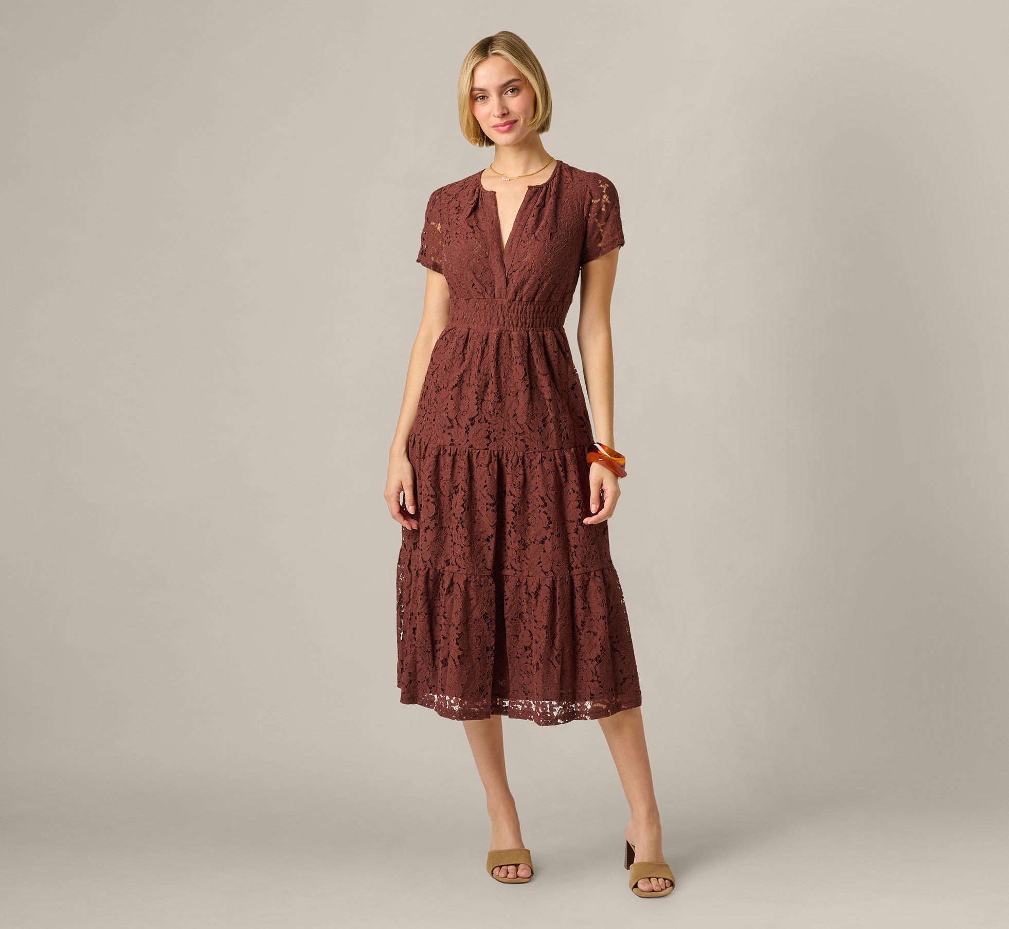 Short Sleeve Lace Tiered Sophia Dress In Chocolate, Chocolate / Regular / XL