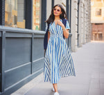Short Sleeve Cotton Sophia Midi Dress In Ecru Navy 1