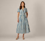 Short Sleeve Cotton Sophia Midi Dress In Ecru Navy 3