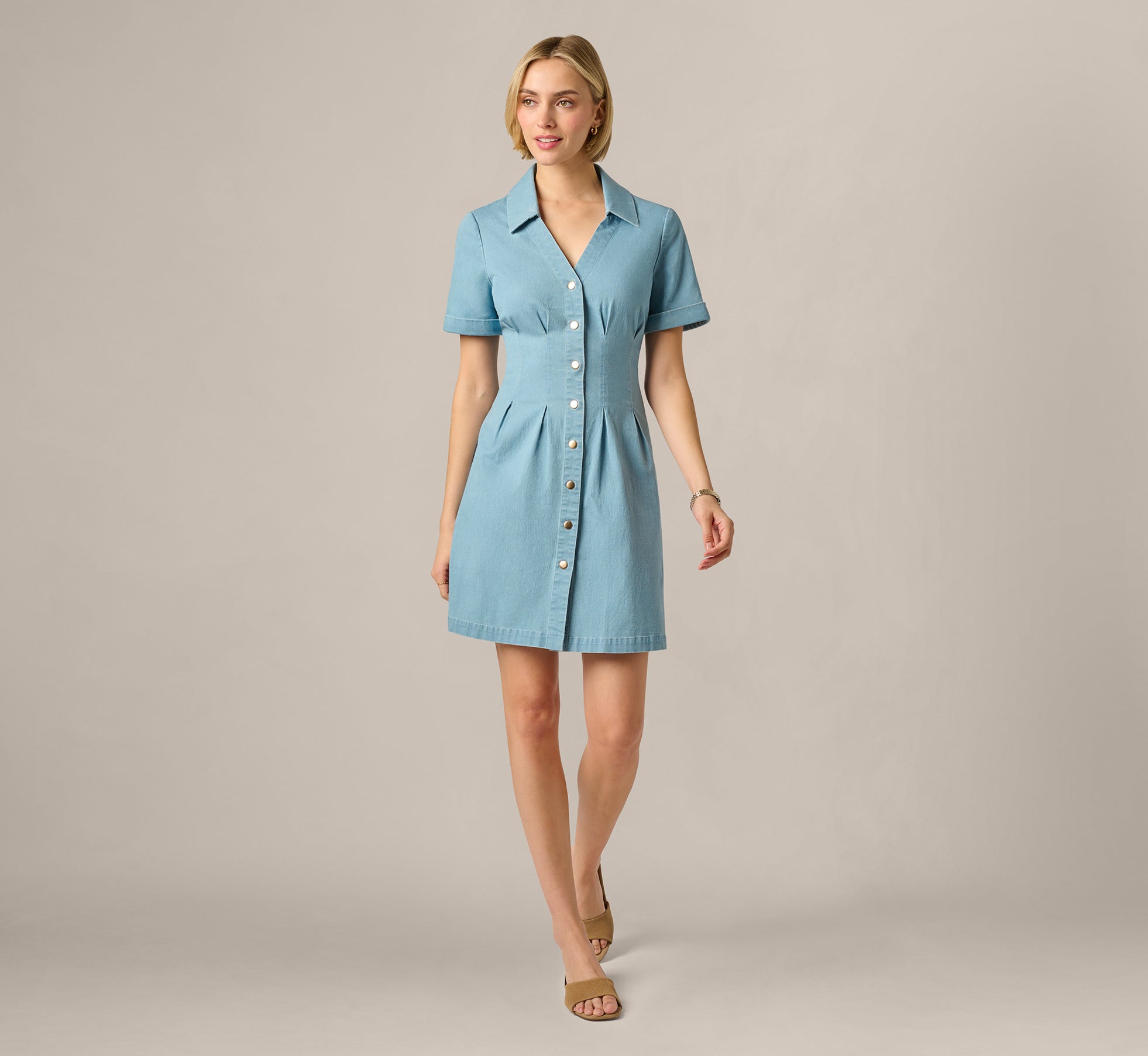 Blue Short Sleeve Cotton Chambray Emma Dress
