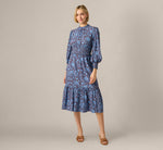 Long Sleeve Floral Print Mia Midi Dress In Brown Blue 2
