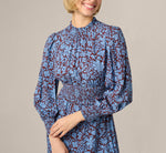 Long Sleeve Floral Print Mia Midi Dress In Brown Blue 3