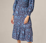 Long Sleeve Floral Print Mia Midi Dress In Brown Blue 4
