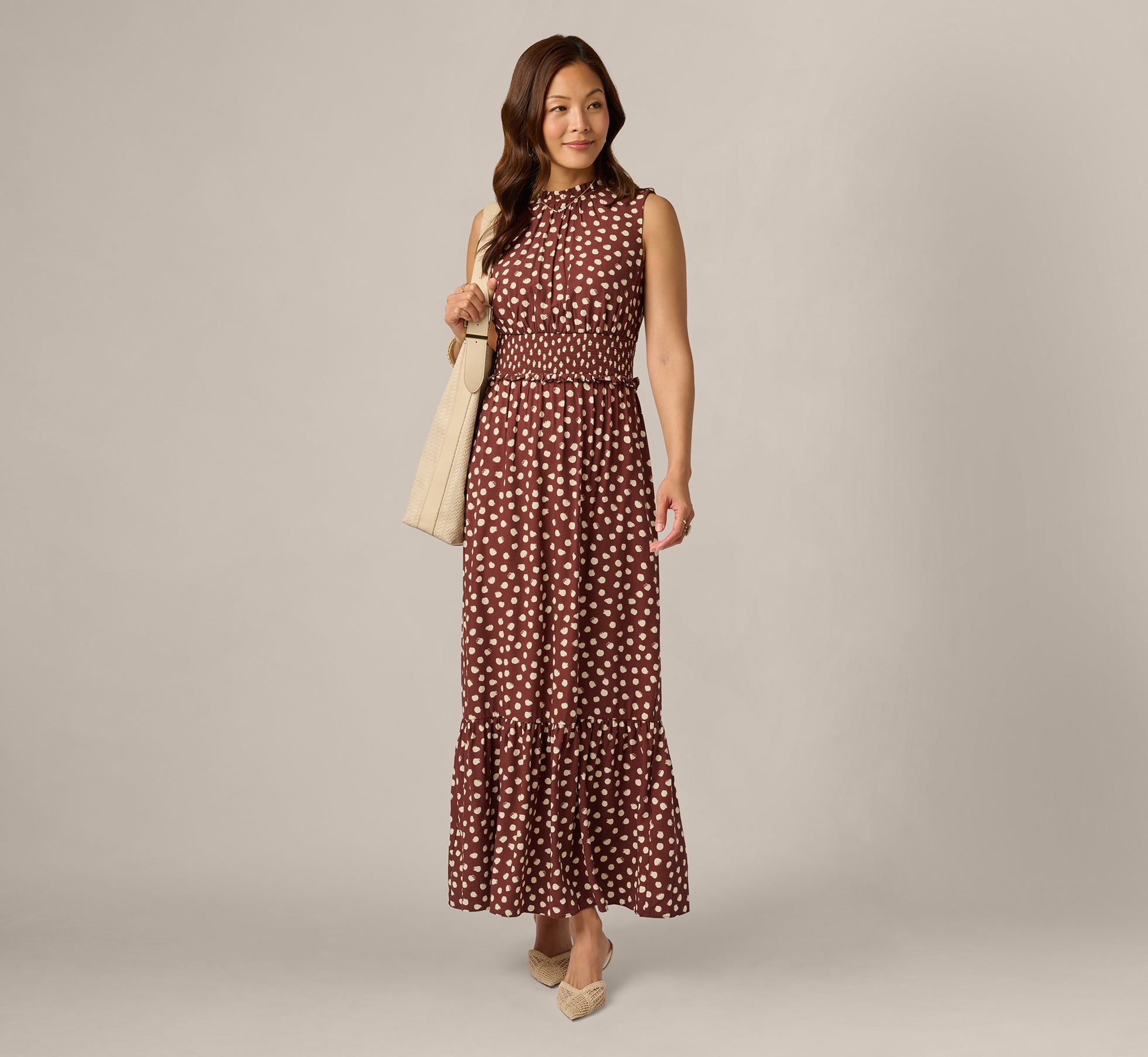 Dot Print Mia Maxi Dress In Brown Ecru