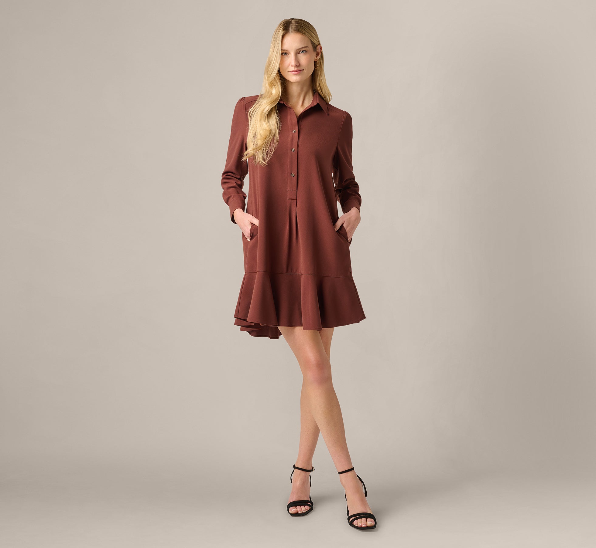 brown party dress long sleeve Brown Long Sleeve Flounce Hem Hailey Dress
