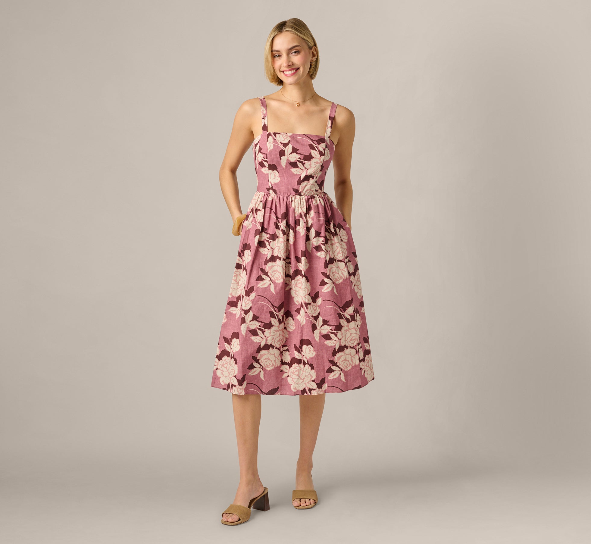 Blush Ecru Printed Cotton Blaire Midi Dress - Adrianna Papell Blush Ecru Printed Cotton Blaire Midi Dress - Adrianna Papell