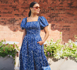 Puff Sleeve Floral Printed Blaire Midi Dress In Navy Ecru 1