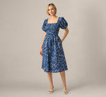 Puff Sleeve Floral Printed Blaire Midi Dress In Navy Ecru 3