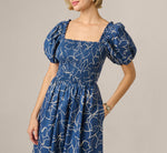 Puff Sleeve Floral Printed Blaire Midi Dress In Navy Ecru 4