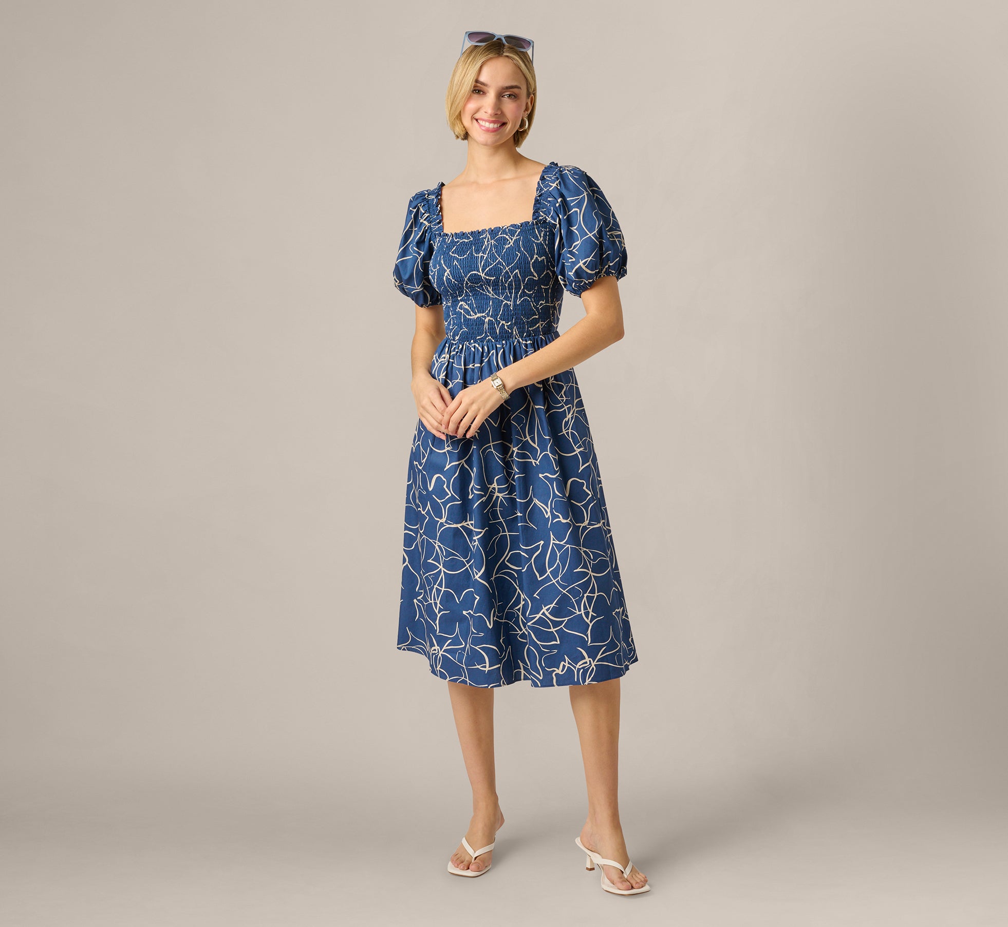 Puff Sleeve Floral Printed Blaire Midi Dress In Navy Ecru