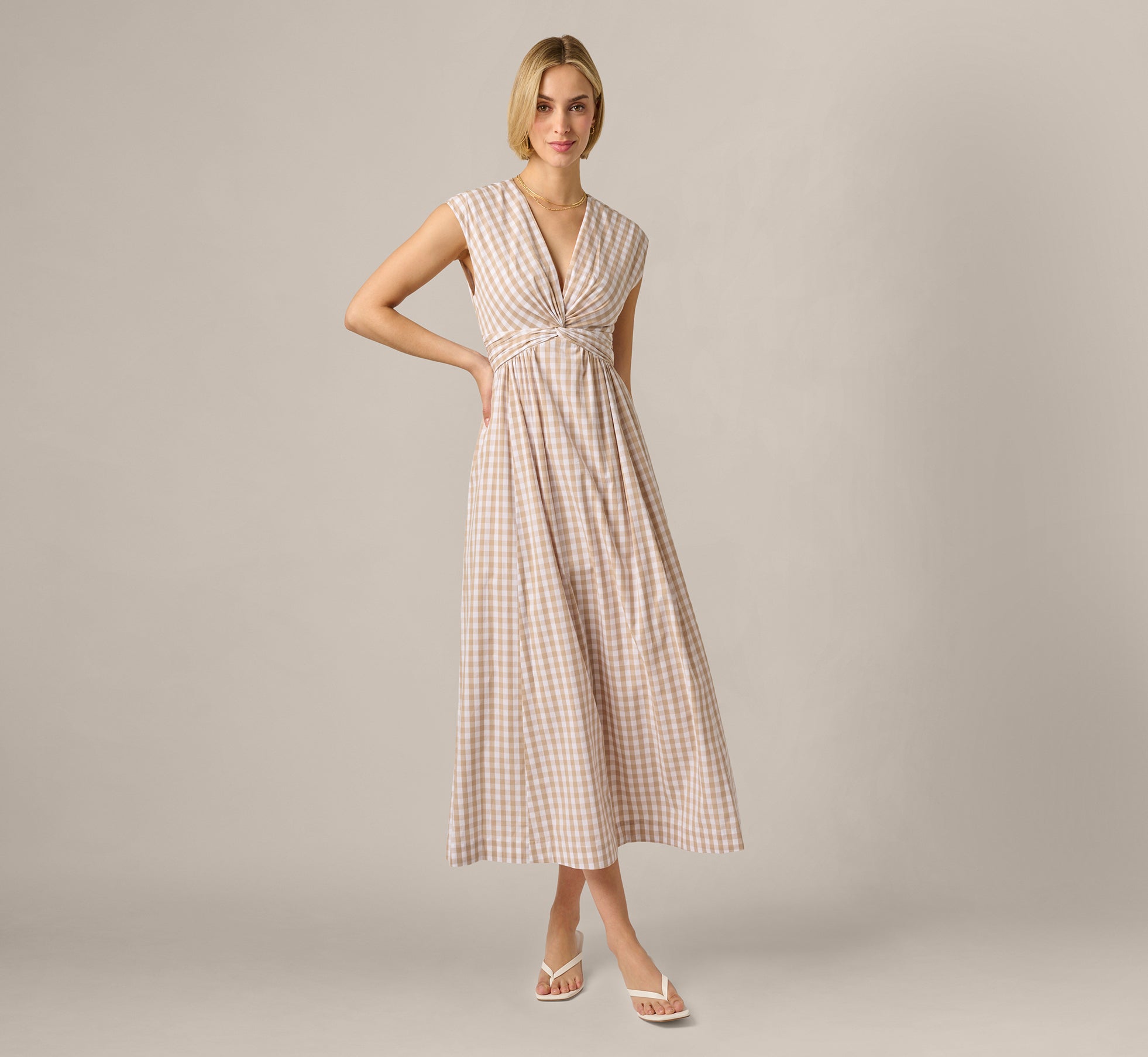 Adrianna Papell Women's V-Neck Twist Front Midi Dress - Beige/Ivory - Size 2M Adrianna Papell Women's V-Neck Twist Front Midi Dress - Beige/Ivory - Size 2M