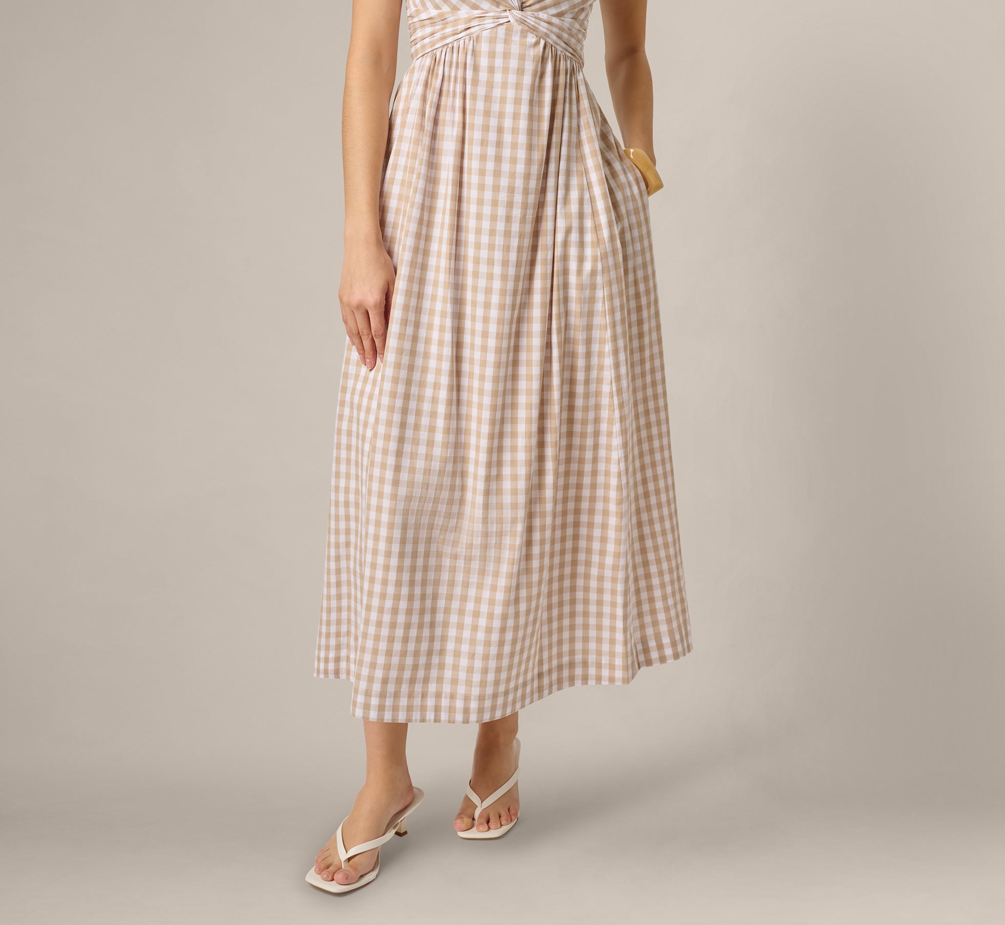 Beige Gingham Cotton Everyday Midi Dress - Adrianna Papell Beige Gingham Cotton Everyday Midi Dress - Adrianna Papell