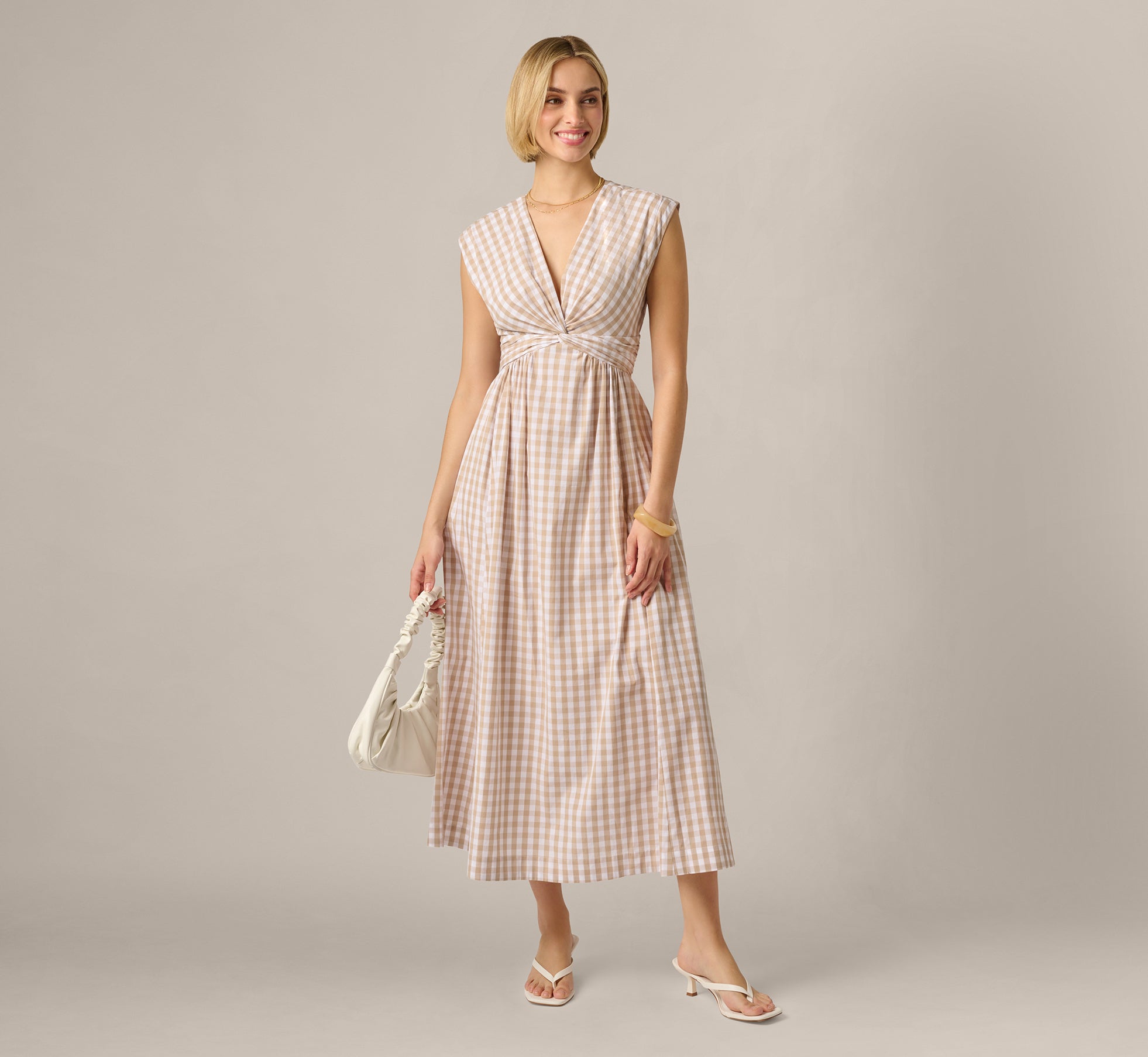 Beige Gingham Cotton Everyday Midi Dress - Adrianna Papell Beige Gingham Cotton Everyday Midi Dress - Adrianna Papell