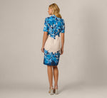 Short Sleeve Floral Border Sheath Dress In Blue Multi 5